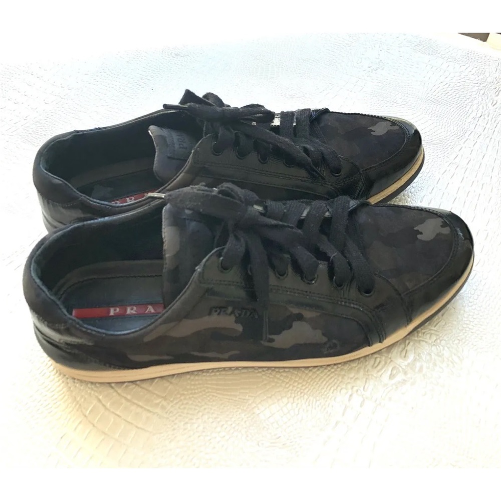 Prada Monochrome Camo Nylon Exterior, Black Patent Leather  Pre Loved *Size 39*